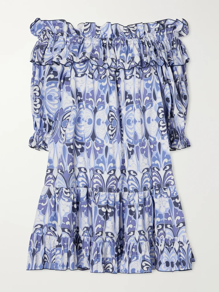 Breakfast off-the-shoulder tiered printed cotton midi dress