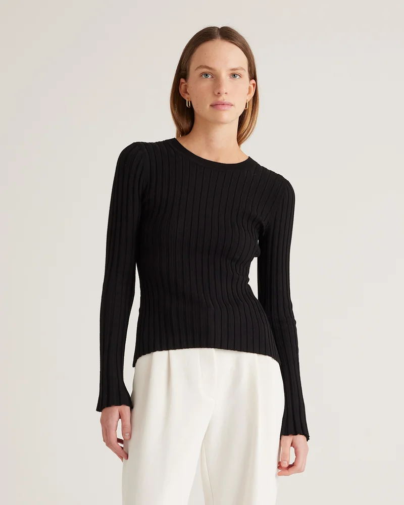 Cotton Cashmere Ribbed Long Sleeve Sweater in Black
