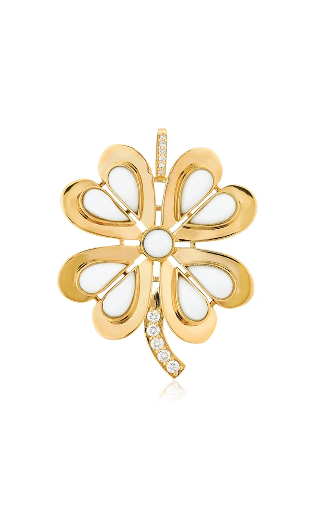 18K Yellow Gold 18k White Agate Clover Pendant