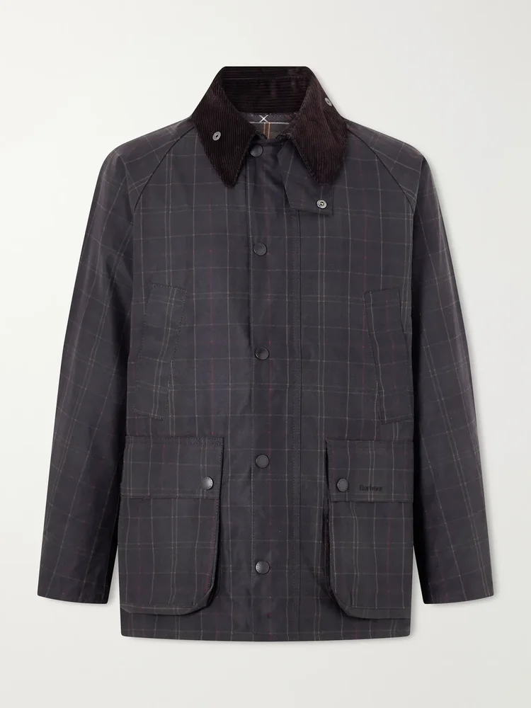 Checked Corduroy-Trimmed Waxed-Cotton Jacket