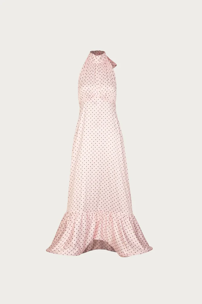 Halter Flounce Midi Dress (Pink Polka Dot)