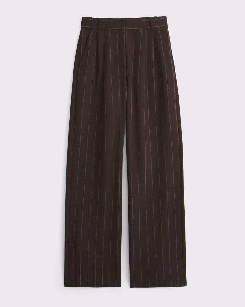 A&F Sloane Tailored Wide Leg Pant, Dark Coffee Pinstripe