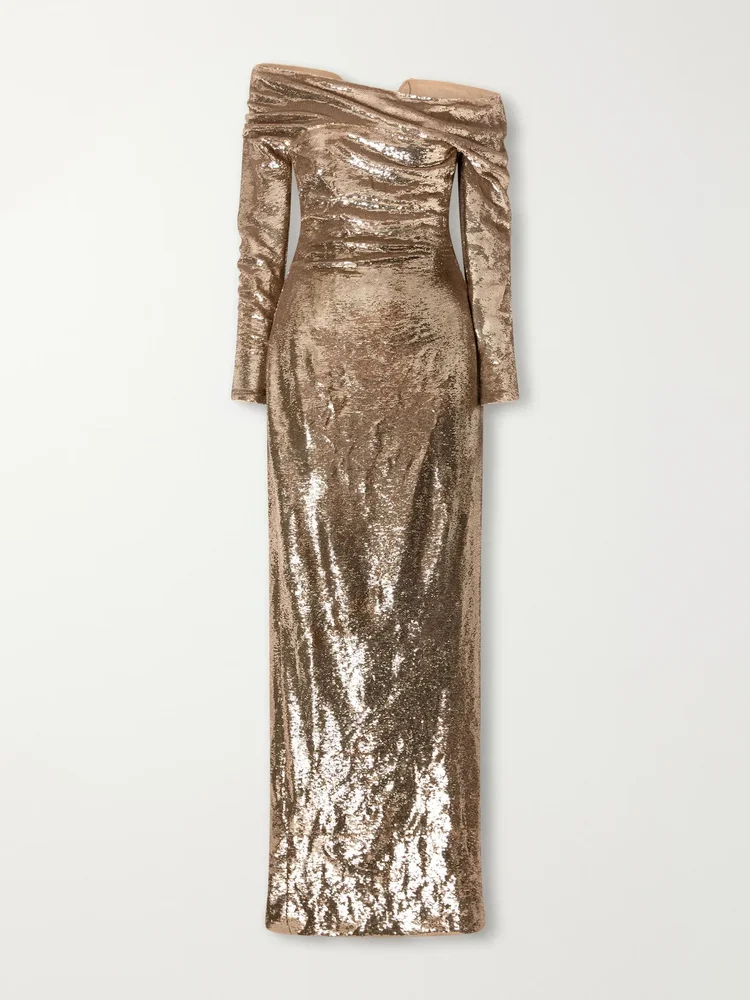 Off-the-shoulder sequin-embellished crepe gown