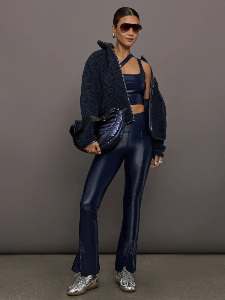 High Rise Flare Legging In Takara Shine, Navy Blazer
