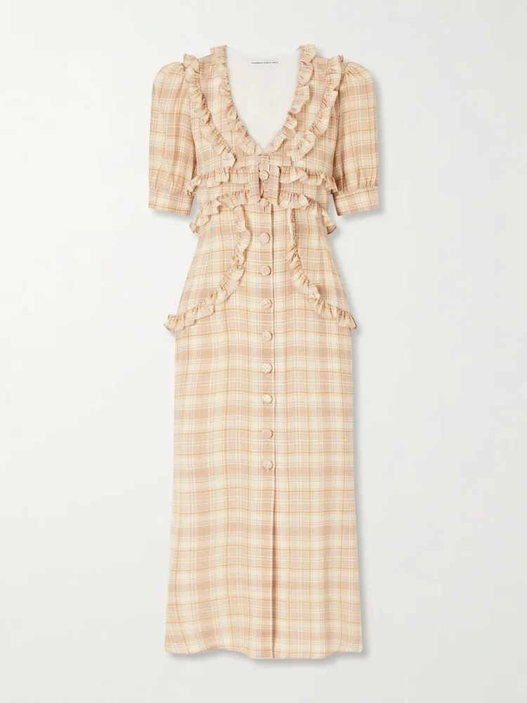Ruffled checked silk midi dress