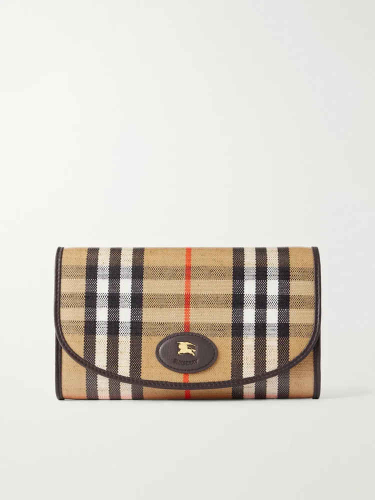 Leather-trimmed checked coated-canvas clutch
