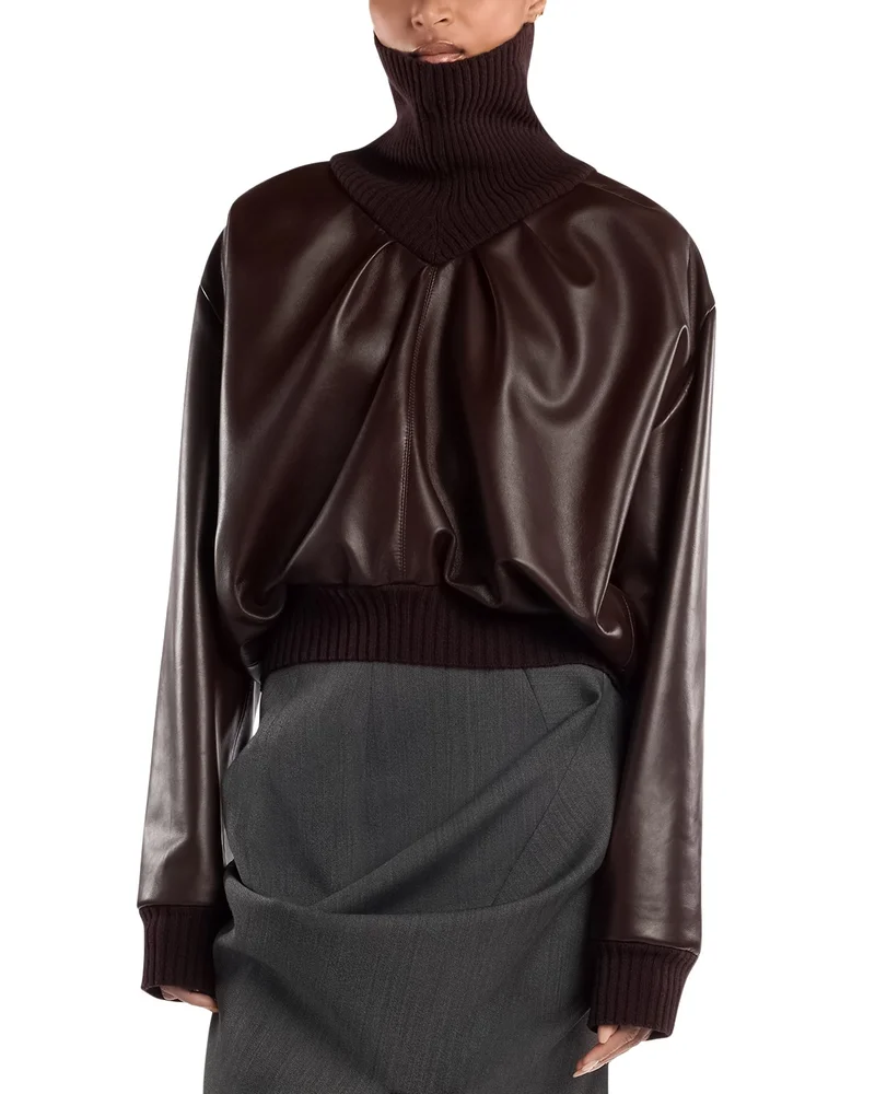 Leather Knit Trim Long Sleeve Top