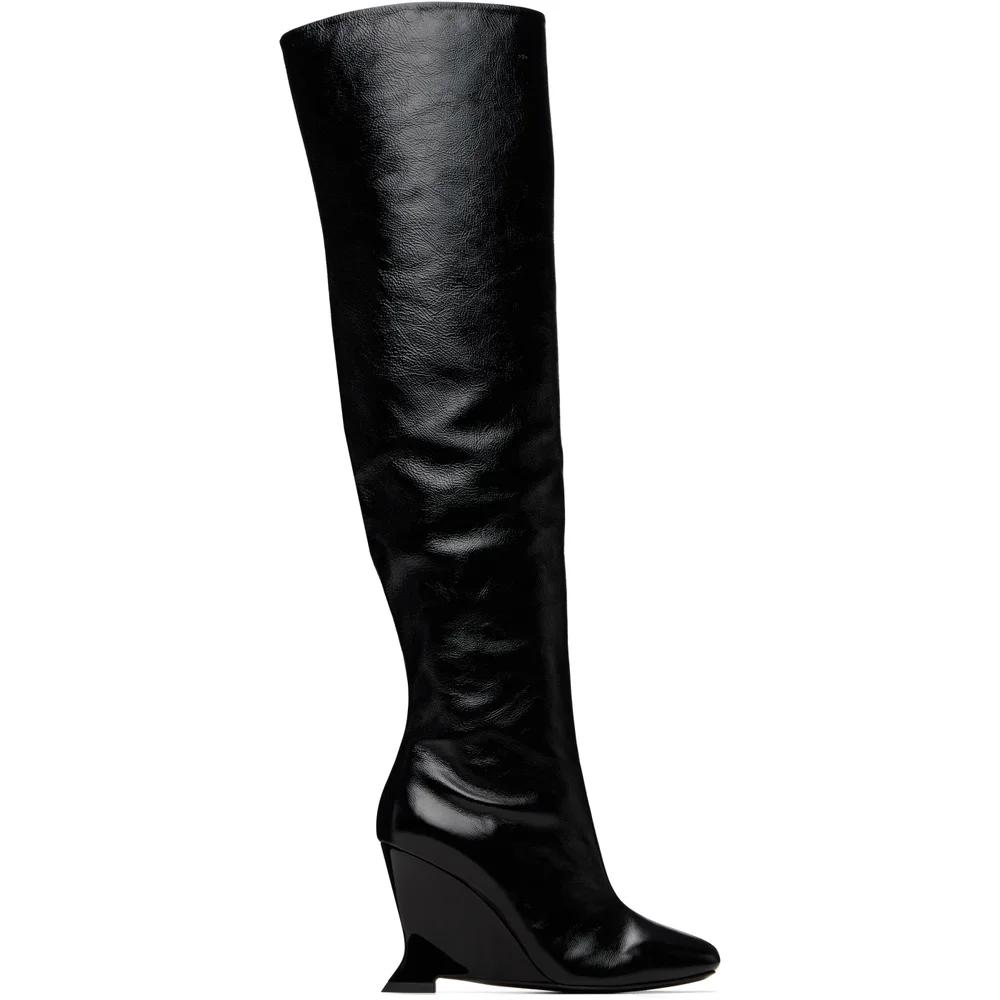 Black Thigh-High Crinkled Patent Leather Wedge Boots