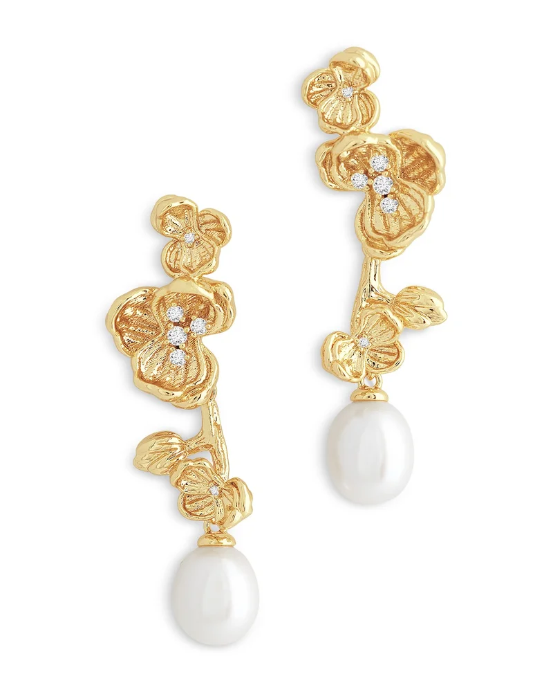 Pavé & Cultured Freshwater Pearl Orchid Drop Earrings in 18K Gold Plated