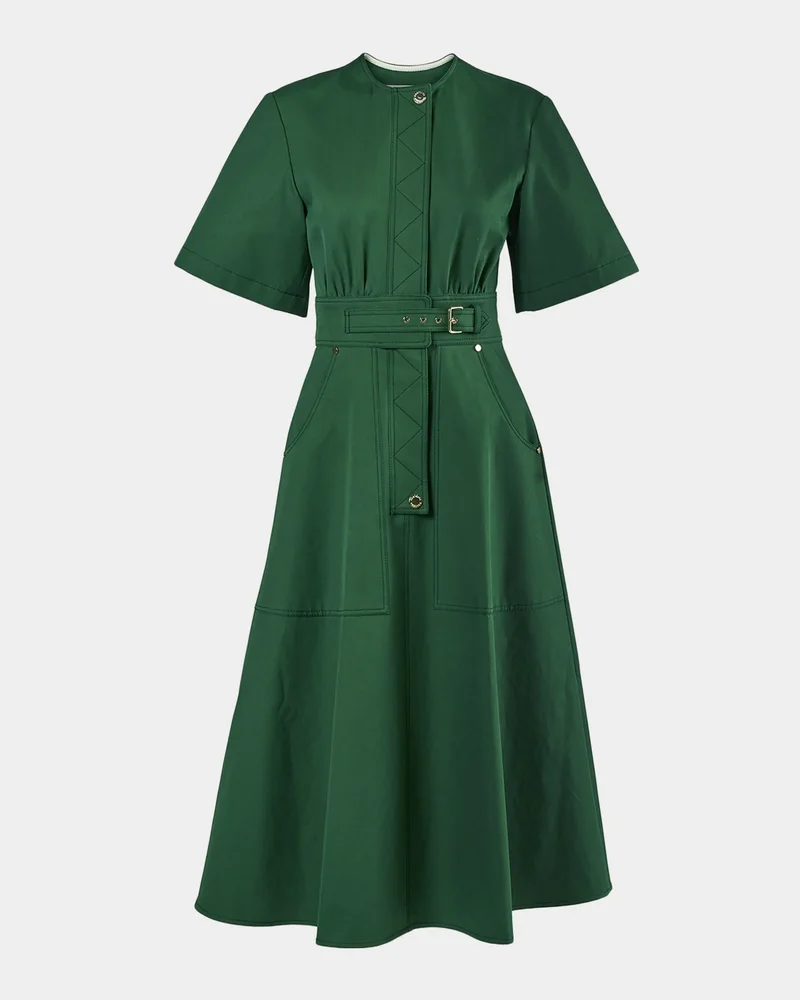 Short-Sleeve Belted Cotton A-Line Midi Dress