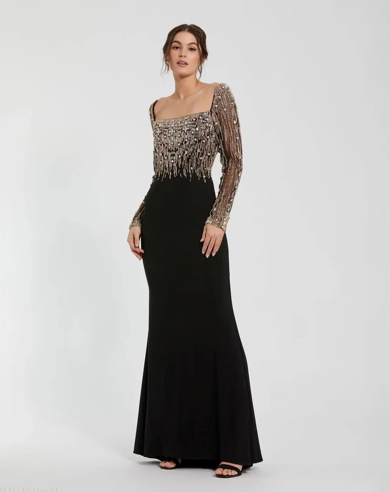 Black Beaded Square Neck Long Sleeve Jersey Gown
