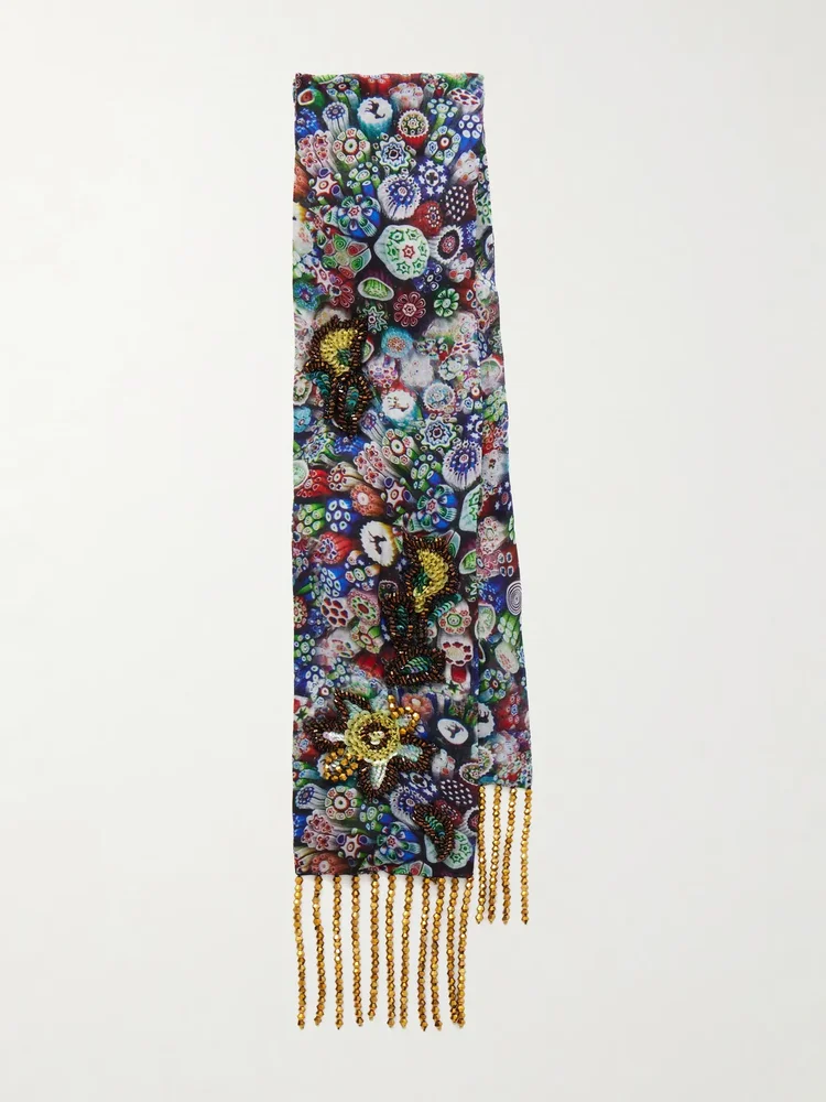 Floral-print fringed scarf