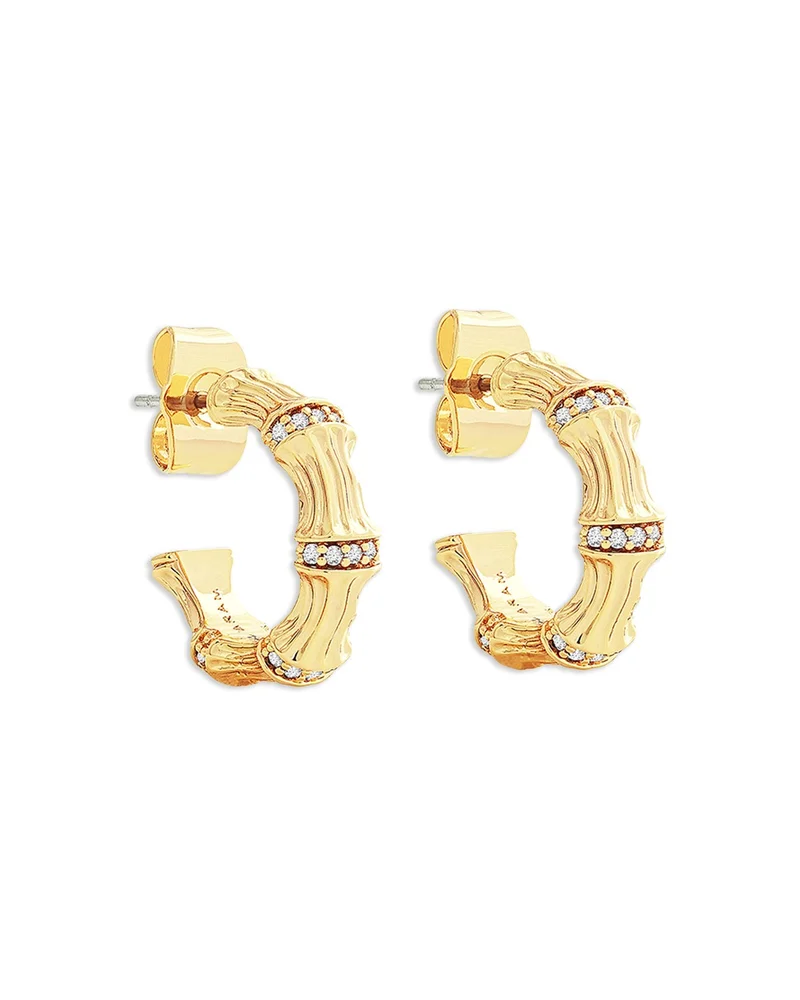 Pavé Bamboo Huggie Hoop Earrings in 18K Gold Plated