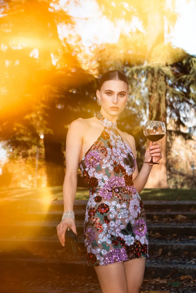 bellabarnett.com Polasa Halter Sleeveless Sequins Flower Mini Dress