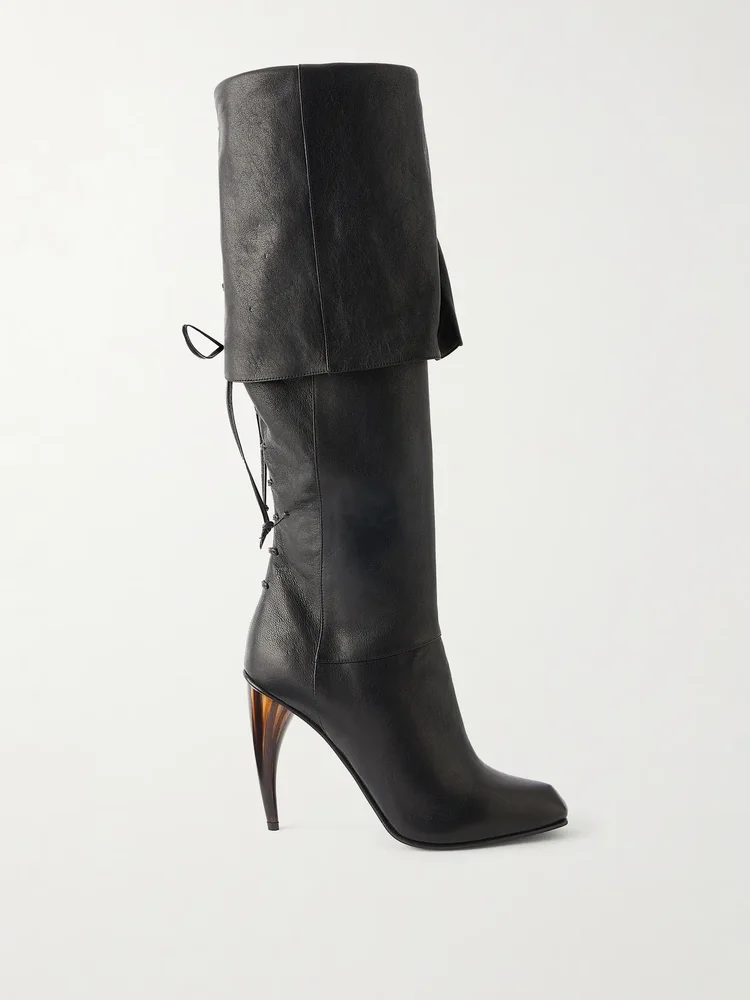 leather lace up knee high boots