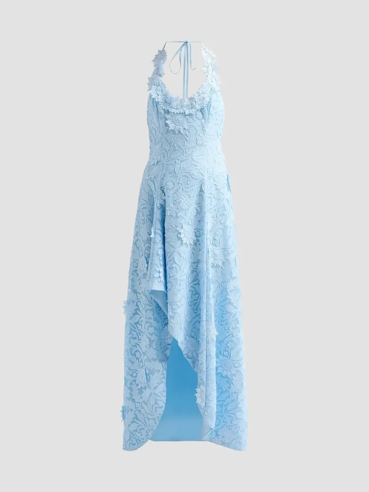 Avira Laser-Cut Lace Halter Gown