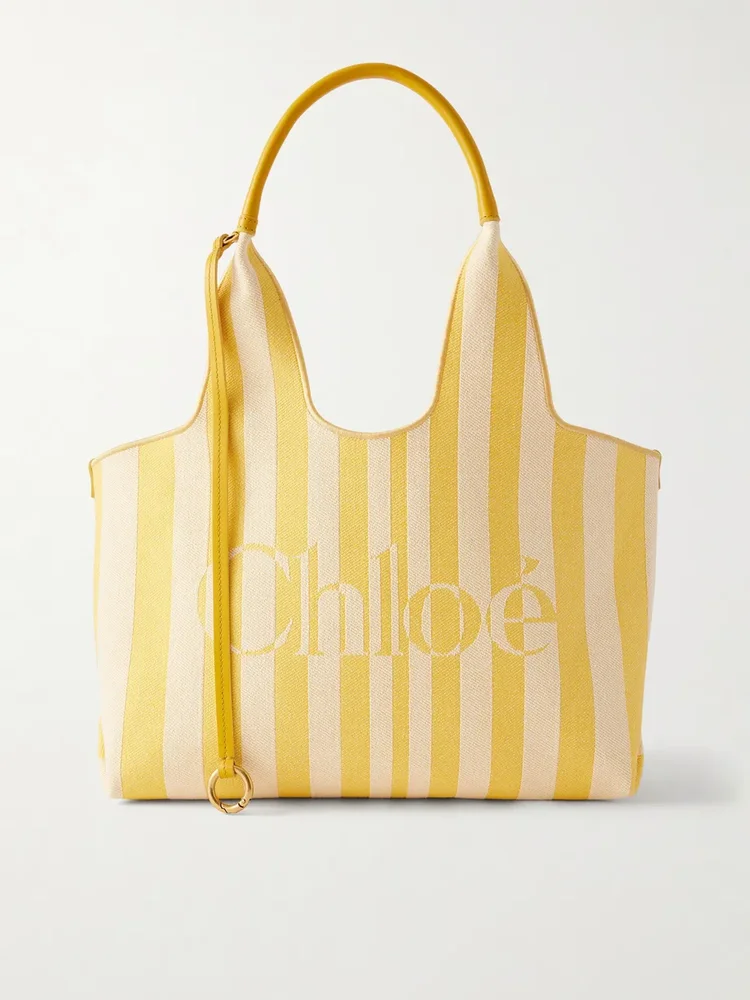 Striped leather-trimmed shoulder bag