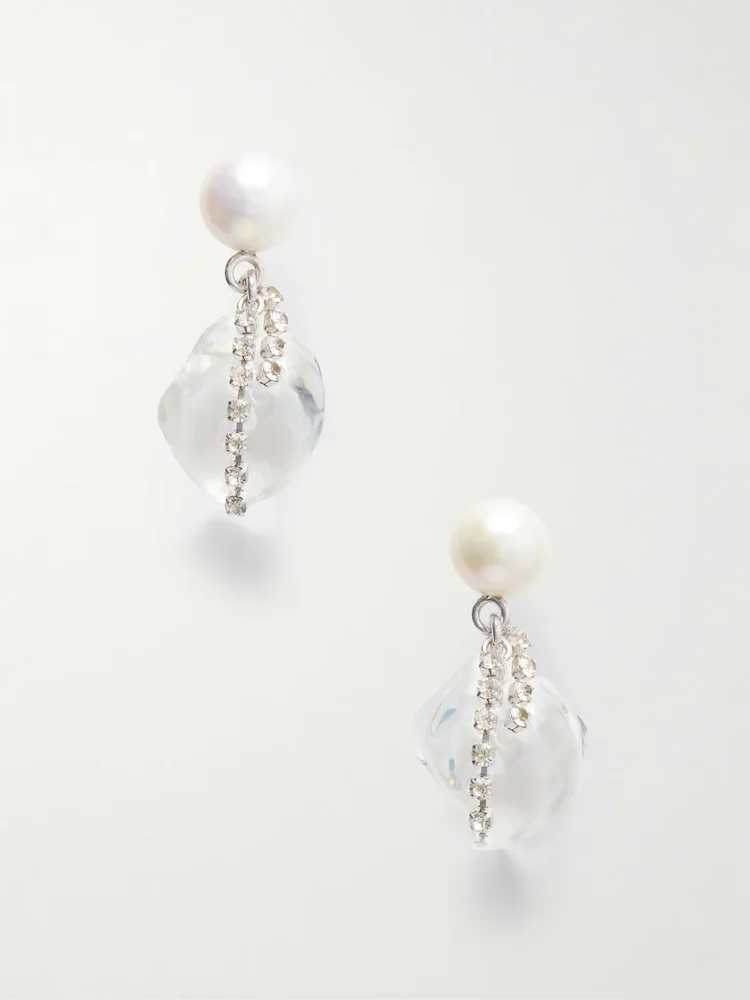 Crystal and pearl-embellished resin drop earrings