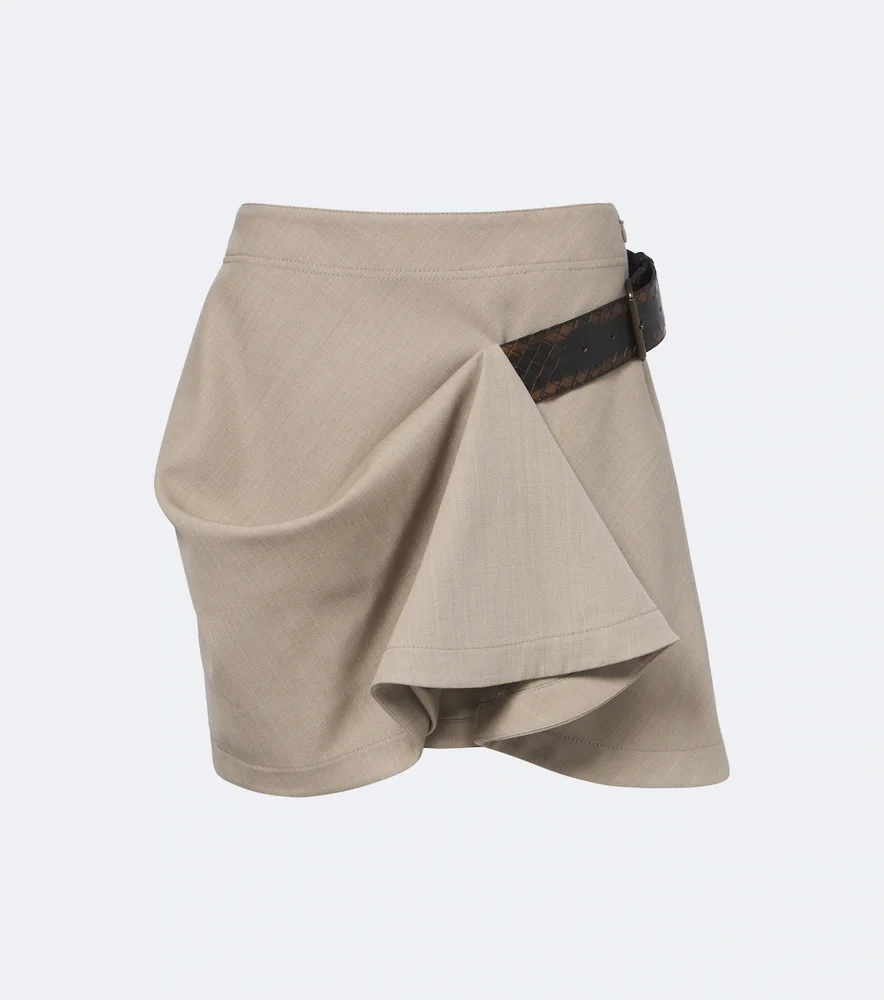 Intrecciato belted draped wool miniskirt