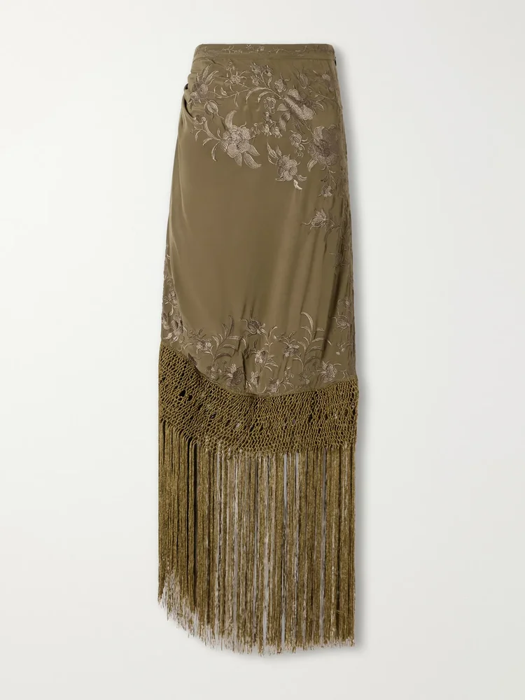 Lark fringed embroidered silk-crepe de chin midi skirt