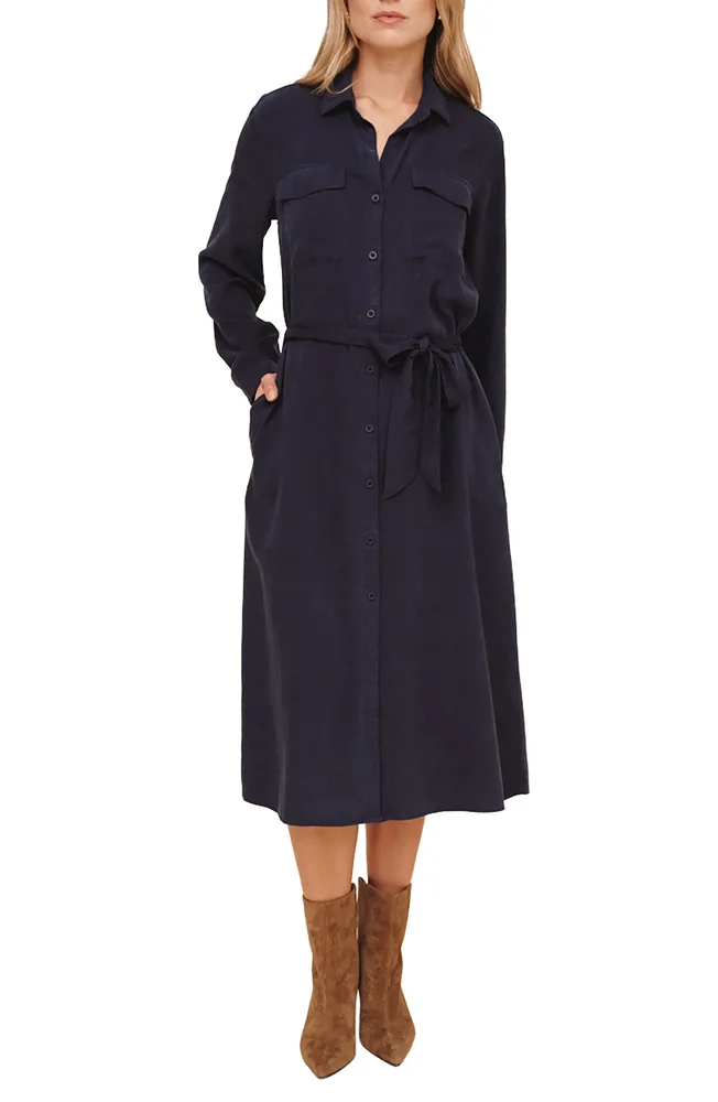 Tie Waist Long Sleeve Midi Dress