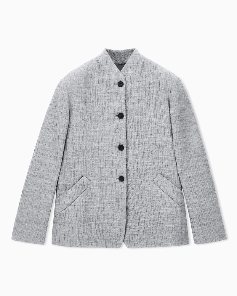 Regular fit guru collar jacket in wool and silk seersucker