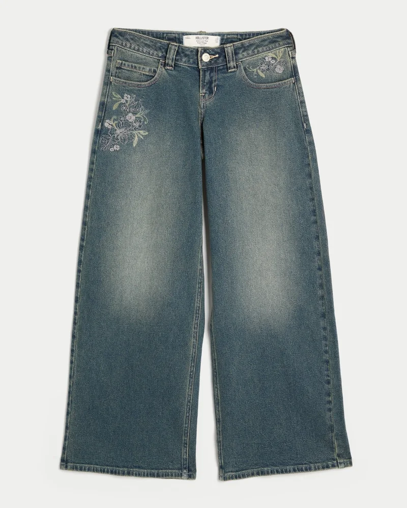 Andi Adjustable Waist Ultra Low-Rise Floral Embroidery Super Baggy Jeans (medium wash)