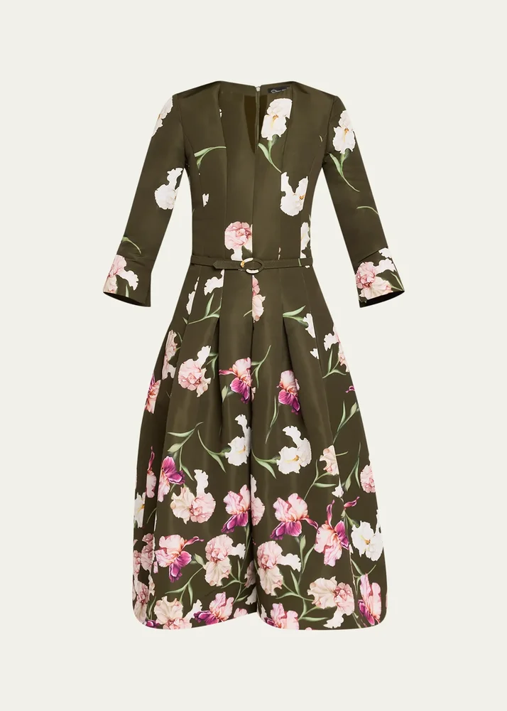 Painted Iris Dégradé Faille Split-Neck Midi Dress