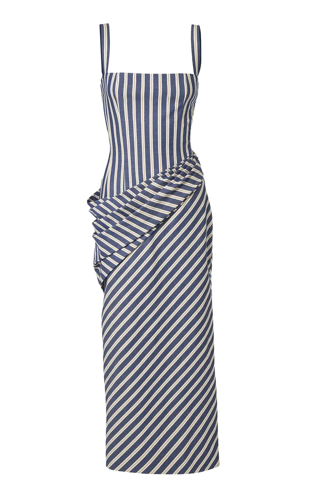 Draped Cotton Denim-Stripe Midi Dress