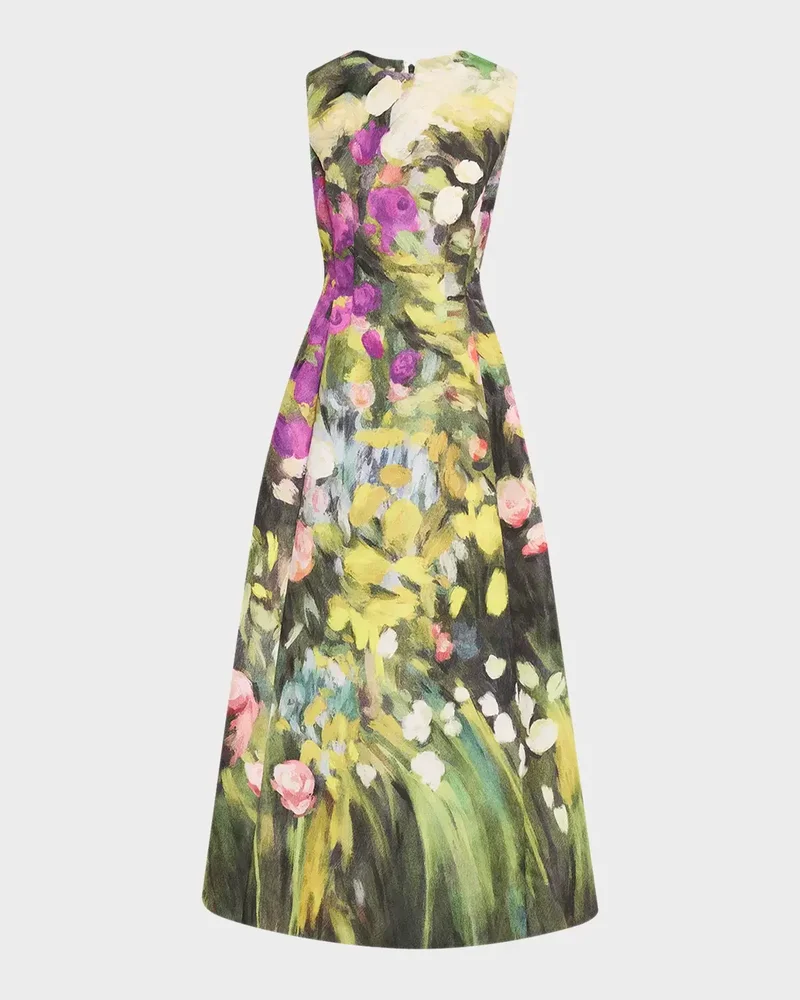 Sleeveless Abstract Garden Faille Midi Cocktail Dress