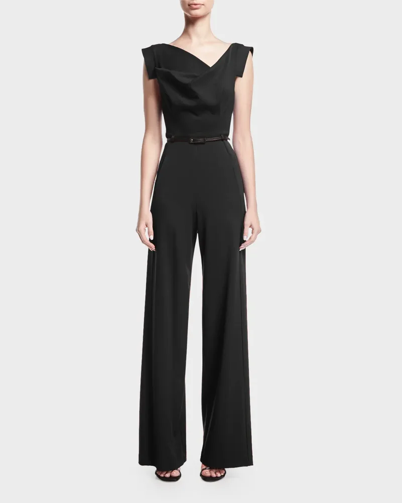 Jackie Cap-Sleeve Belted Wide-Leg Jumpsuit