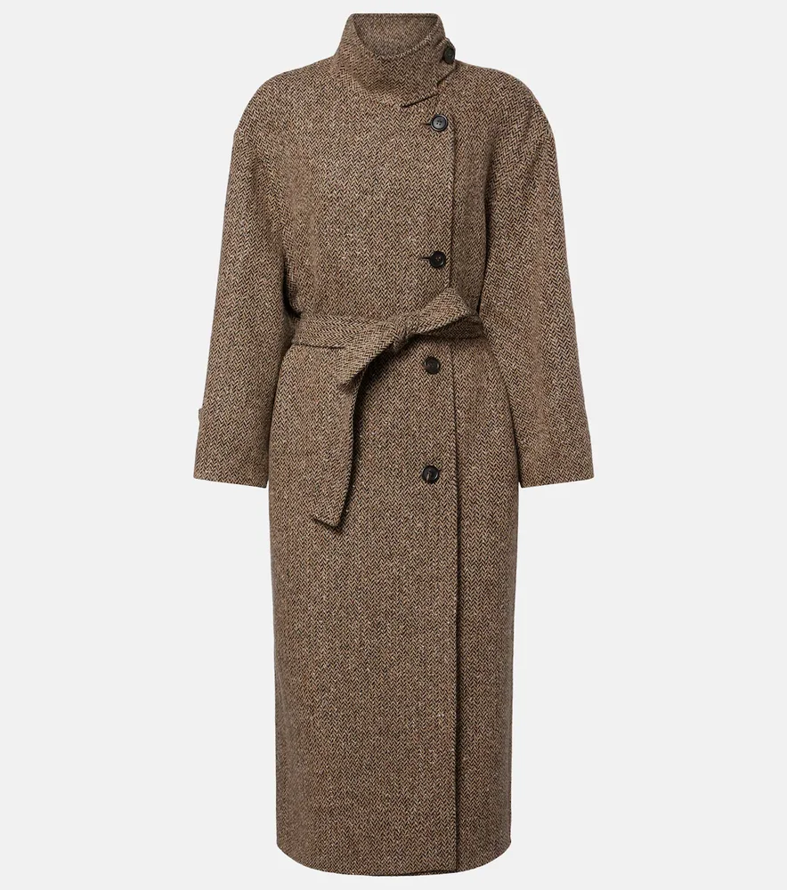 Belted herringbone wool-blend coat