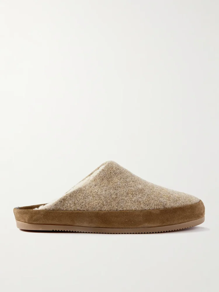 Suede-Trimmed Shearling-Lined Recycled-Wool Slippers