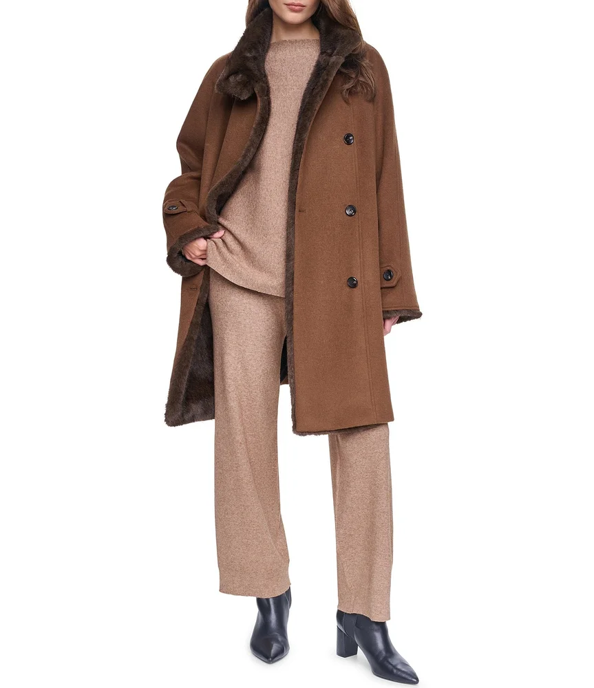 Wool Blend Faux Mink Funnel Asymmetrical Neck Double Breasted Swing Coat