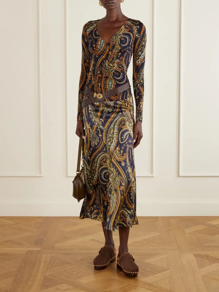 Paisley-print satin midi skirt