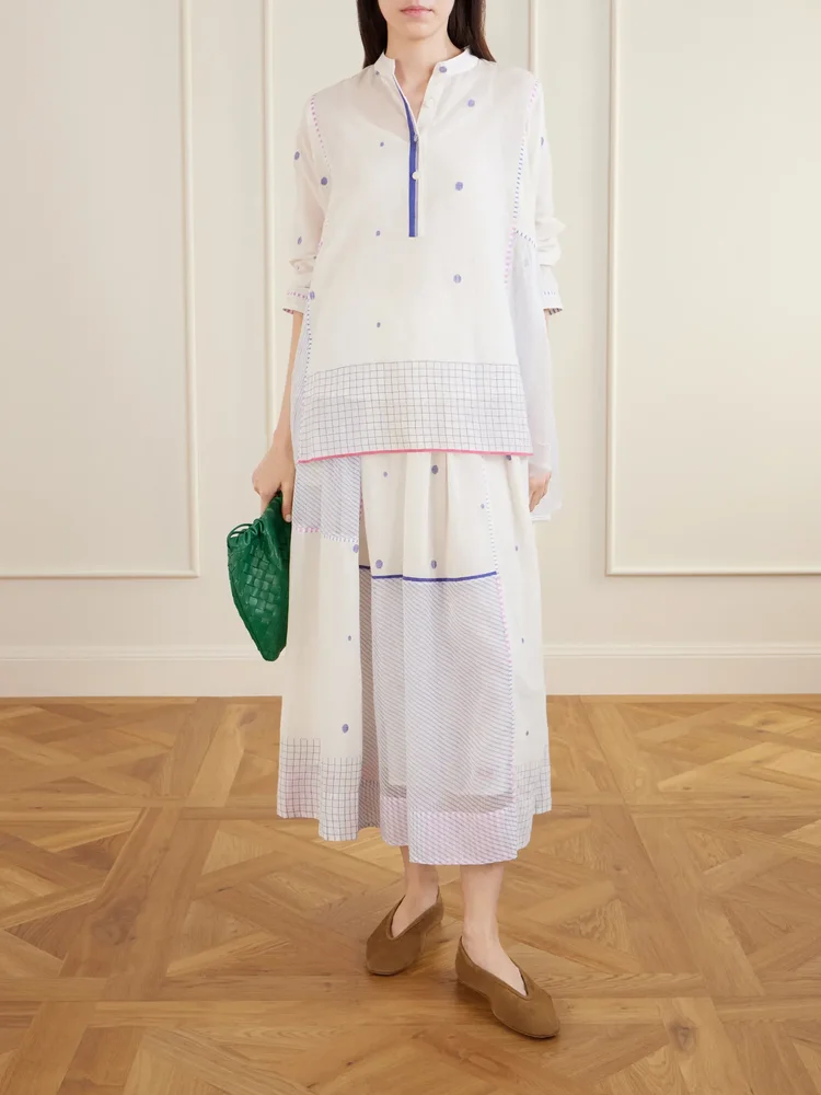 Cosmos handwoven cotton-jamdani blouse patched with printed stripes
