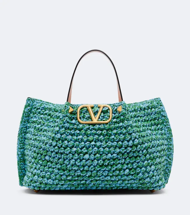 VLogo Medium raffia-effect tote bag