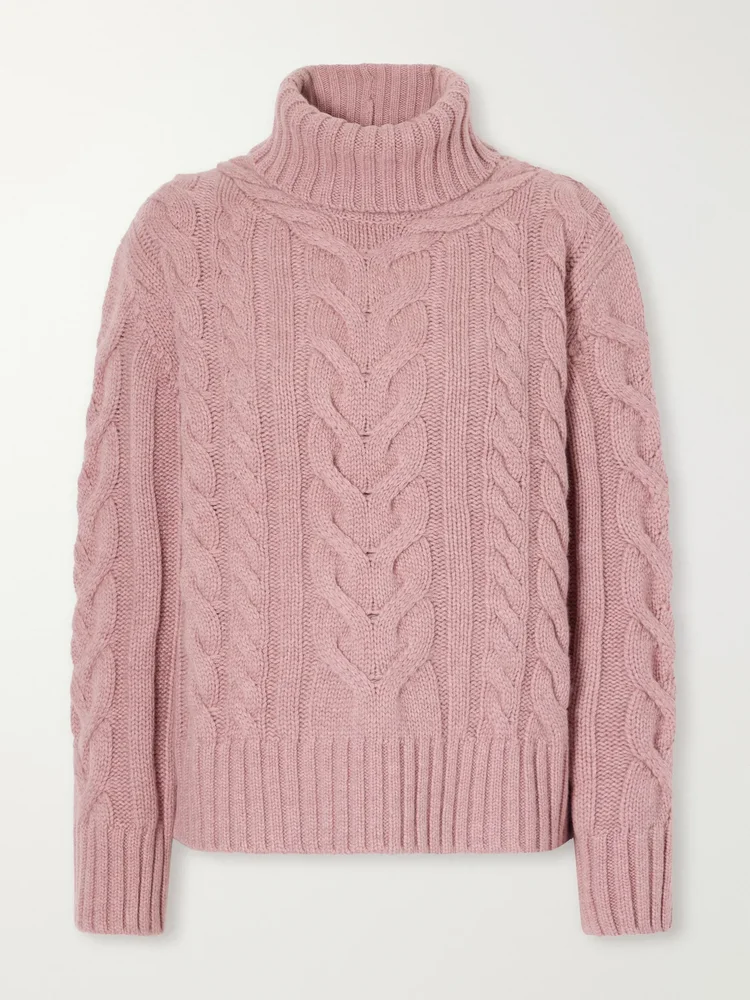 Traveling cable-knit cashmere turtleneck sweater