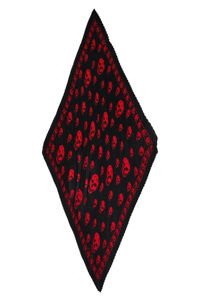 Classic Skull Print Pleated Silk Square Scarf
