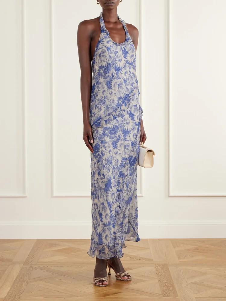 Lilia open-back ruffled floral-print crepon halterneck maxi dress