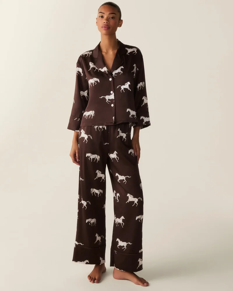 The Celine Silk Pajama Set in Highgrove Equestrian