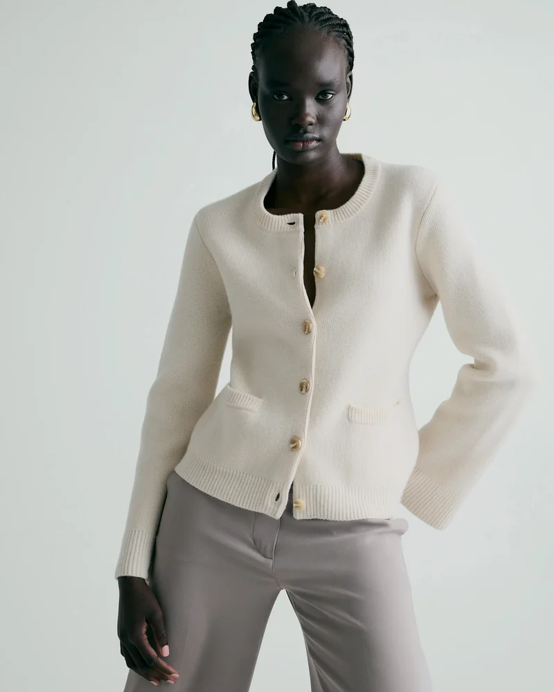 Mongolian Cashmere Structured Cardigan in Ivory