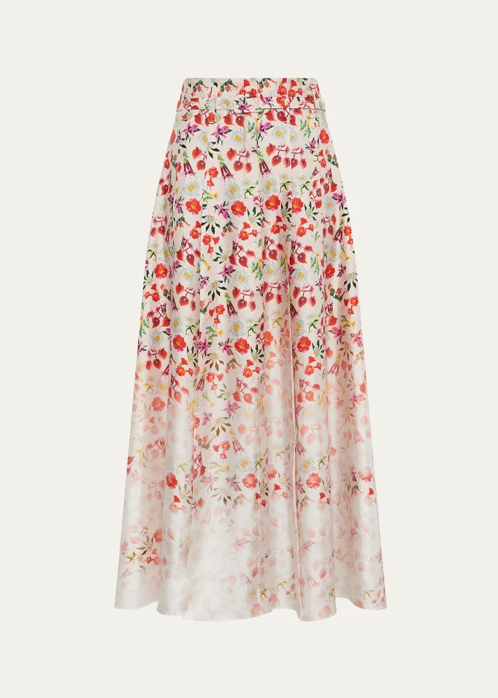 Dugald Degrade Floral Silk Pleated Midi Skirt With Belt