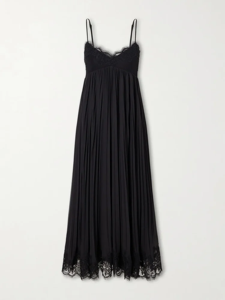 pleated lace trimmed chiffon midi dress