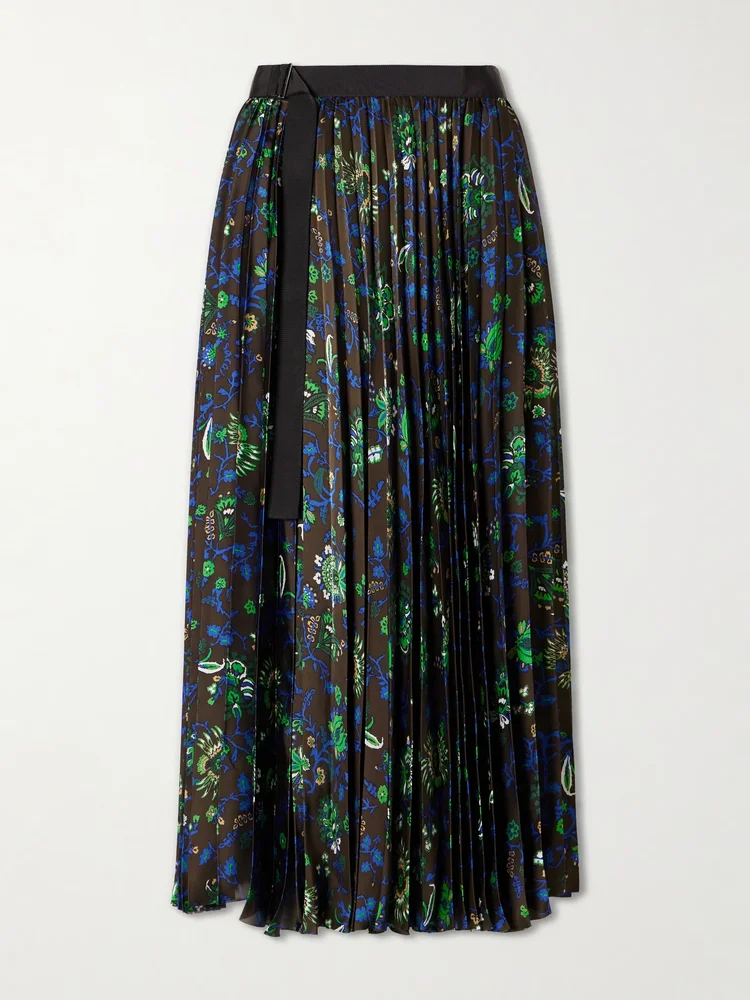 Belted grosgrain-trimmed pleated floral-print georgette midi skirt