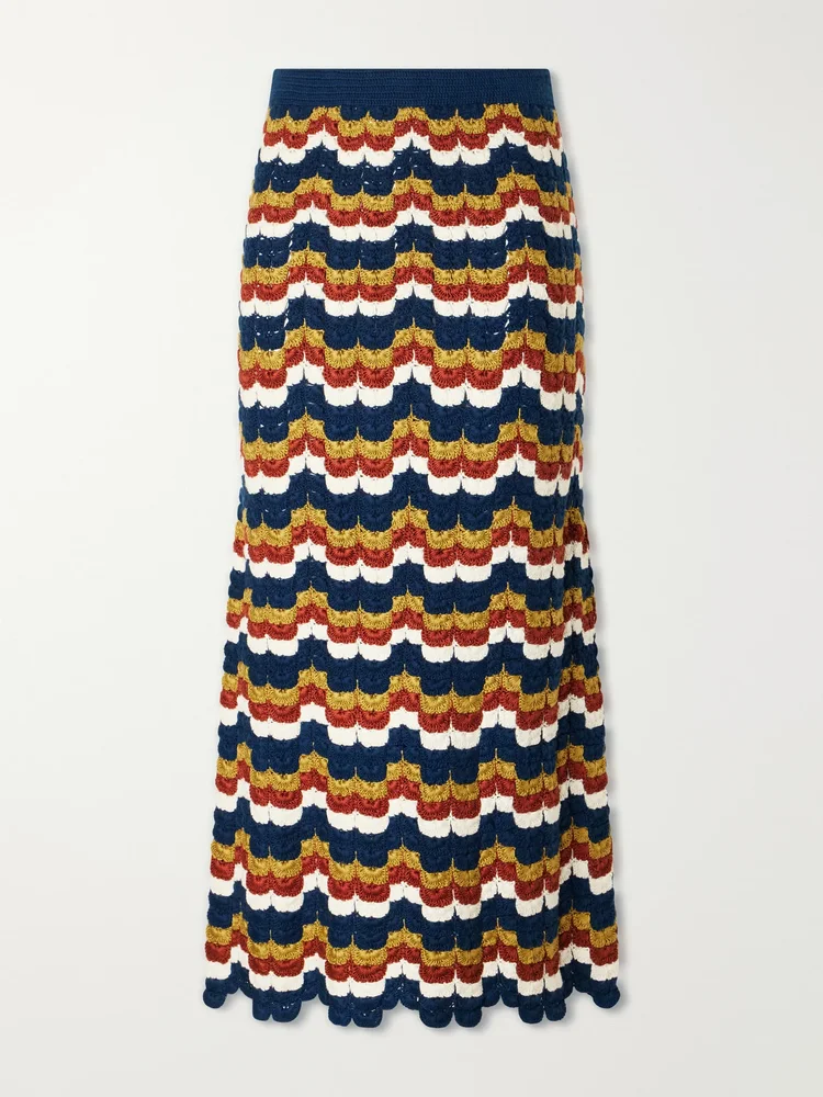 Lucero striped crocheted cotton midi skirt
