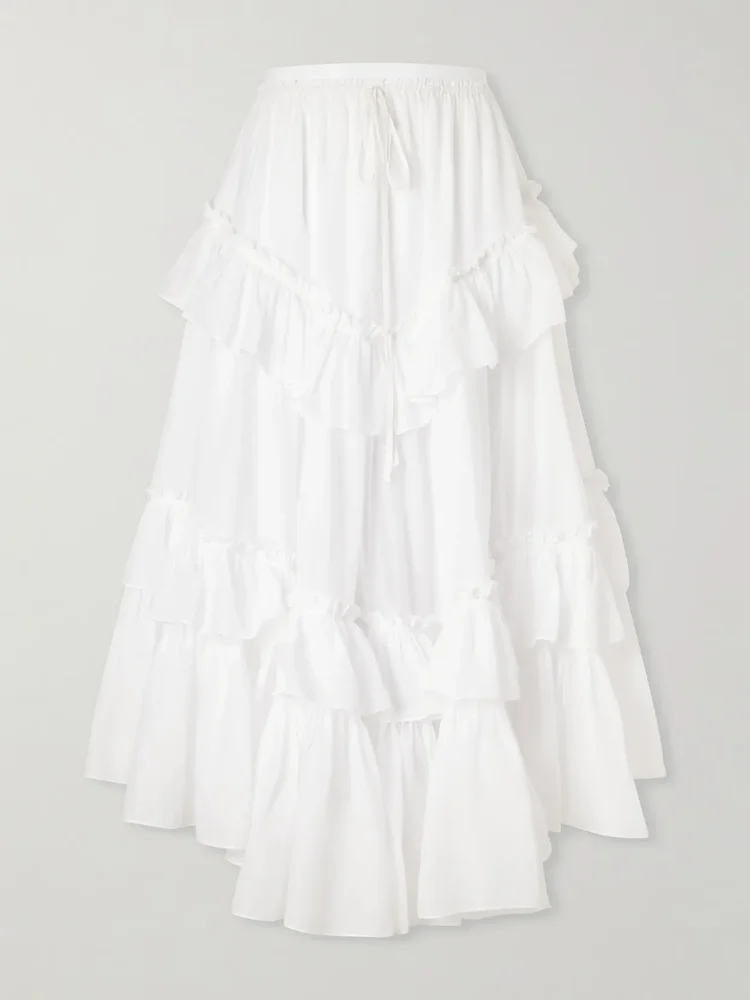 ruffled tiered cotton voile midi skirt