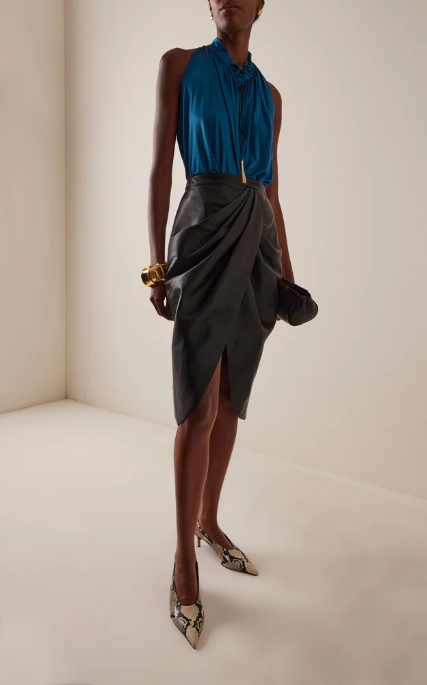 High-Waisted Draped Leather Midi Skirt