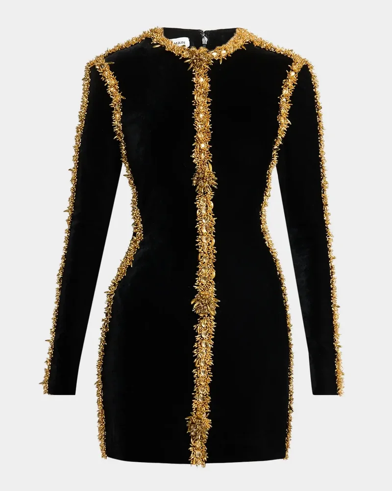 Embellished Velvet Long-Sleeve Mini Dress