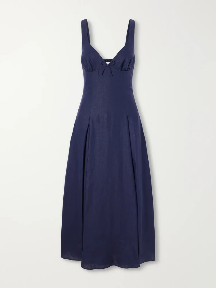 bow detailed linen midi dress
